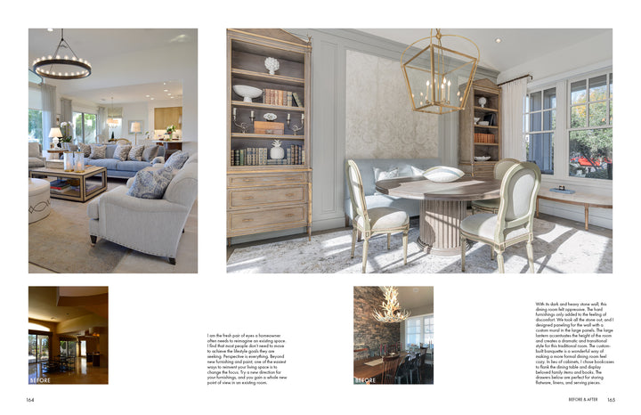 Schiffer Publishing, Ltd.’s “It’s All in the Mix” showcases design inspiration, revealing luxurious living and dining rooms with elegant furniture, neutral tones, and bright, modern interiors contrasted against photos of outdated spaces.