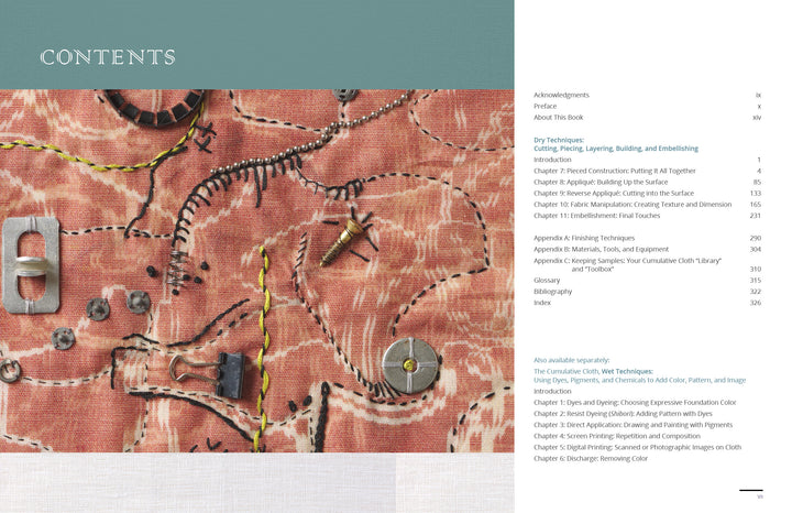 A book contents page for "The Cumulative Cloth, Dry Techniques" by Schiffer Publishing, Ltd. displays sewing hardware on pink embroidered fabric, with chapters on custom cloth techniques and embellishing listed to the right.