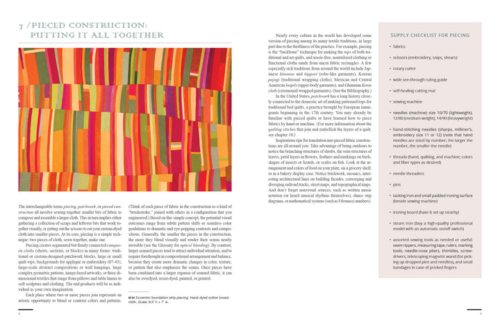The Cumulative Cloth, Dry Techniques by Schiffer Publishing, Ltd. features a vibrant abstract textile with red, orange, yellow, and pink strips. Text on the right includes a Piecing Supply Checklist and detailed instructions.