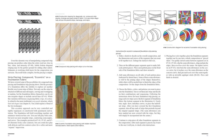 Discover "The Cumulative Cloth, Dry Techniques" by Schiffer Publishing, Ltd.—an in-depth guide to strip piecing with labeled diagrams, step-by-step instructions, and photos showcasing vibrant custom cloth and dry textile surface designs.