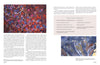 A two-page spread from "The Cumulative Cloth, Dry Techniques" by Schiffer Publishing, Ltd. displays a vibrant leaf-themed applique, a dark abstract design, plus helpful tips and a supply checklist for fabric embellishing.