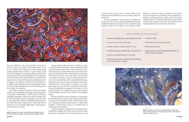 A two-page spread from "The Cumulative Cloth, Dry Techniques" by Schiffer Publishing, Ltd. displays a vibrant leaf-themed applique, a dark abstract design, plus helpful tips and a supply checklist for fabric embellishing.