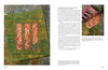 Two pages from Schiffer Publishing's "The Cumulative Cloth, Dry Techniques" show a green-brown textured bag with three red-patterned insets, close-ups of stitching, embellishment techniques, and text on custom cloth surface design.