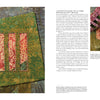 Two pages from Schiffer Publishing's "The Cumulative Cloth, Dry Techniques" show a green-brown textured bag with three red-patterned insets, close-ups of stitching, embellishment techniques, and text on custom cloth surface design.
