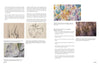 A magazine spread features five images of abstract textile art from "The Cumulative Cloth, Dry Techniques" by Schiffer Publishing, Ltd., showcasing textures, stitching patterns, color combinations, and instructions for custom cloth methods.