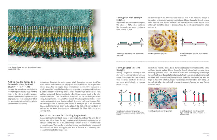 A close-up of turquoise beaded fringe, step-by-step embroidery diagrams, and instructions for sewing bugle beads are featured in Schiffer Publishing's "The Cumulative Cloth, Dry Techniques," with photos and illustrations for custom fabric methods.
