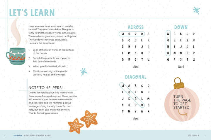 KindKids Word Search Winter Magic by Schiffer Publishing, Ltd. features festive mugs, snowflakes, and clear instructions for finding words in all directions—ideal for holiday activity books or kids' puzzle collections.