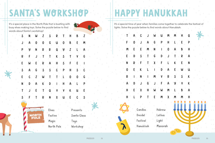 Two word searches from Schiffer Publishing’s KindKids Word Search Winter Magic: one with Santa hat and present icons, the other with a dreidel and gelt. Each features themed words to find in a festive letter grid.