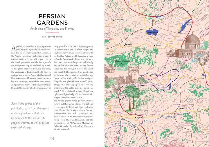 A spread from the "Atlas of Lost Paradises" by Schiffer Publishing, Ltd. shows text on Persian gardens as paradise on earth with a decorative map featuring contour lines, rivers, plants, and architecture depicting ideal garden sites.