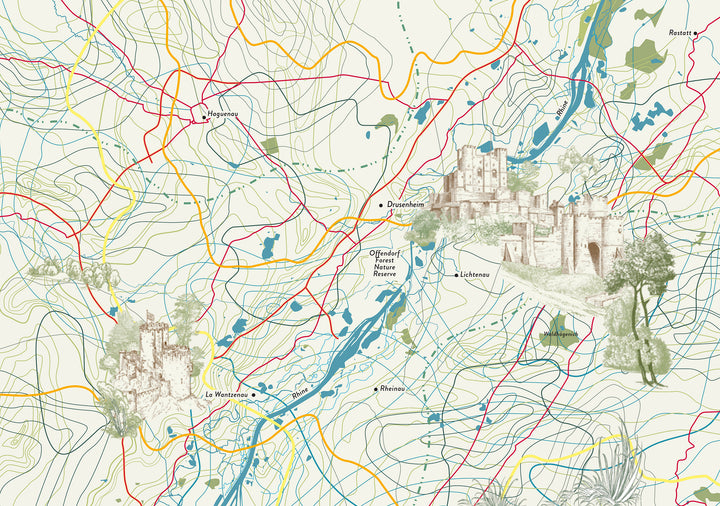 The "Atlas of Lost Paradises" by Schiffer Publishing, Ltd. features a detailed illustrated map with contour lines, colored roads and rivers, plus sketches of three castles near La Mazure, Durestal, and southeast by La Lézanne.