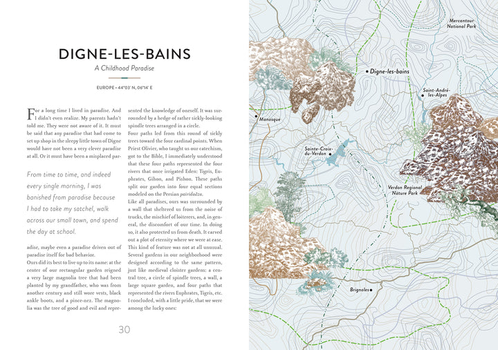 A memoir page from "Atlas of Lost Paradises" by Schiffer Publishing, Ltd. features text on the left and a topographic map on the right, depicting mountains, rivers, and towns like Digne-les-Bains, Mezel, Saint-André, and Brignoles.
