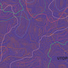 Abstract topographic map in purple with colorful contour lines and grid overlays, from the Atlas of Lost Paradises by Schiffer Publishing, Ltd. "UTOPIAS" in black text on the lower right evokes visions of ideal cities.