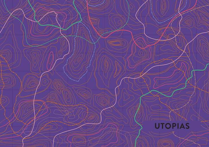 Abstract topographic map in purple with colorful contour lines and grid overlays, from the Atlas of Lost Paradises by Schiffer Publishing, Ltd. "UTOPIAS" in black text on the lower right evokes visions of ideal cities.