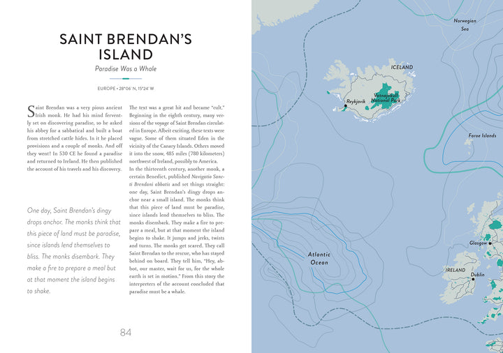 A two-page spread from Atlas of Lost Paradises by Schiffer Publishing, Ltd.: the left page describes Saint Brendan’s Island as a rumored earthly paradise with a quote; the right shows a North Atlantic map highlighting possible island sites.