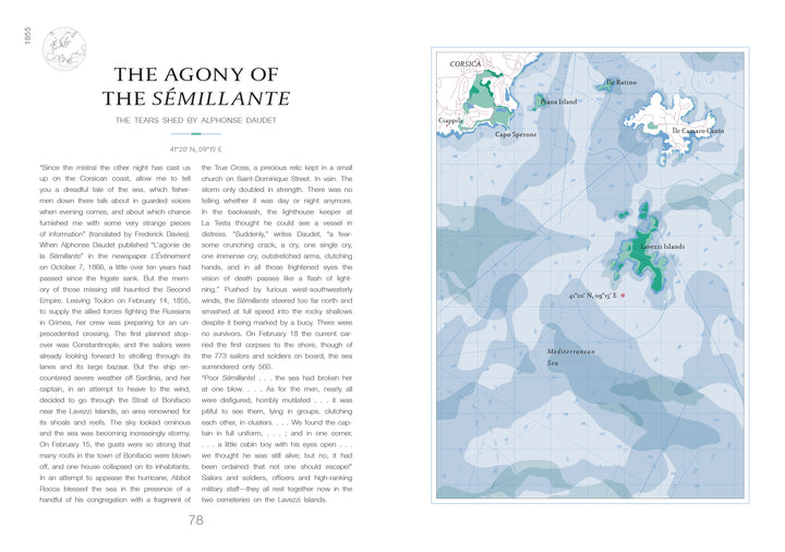 An Atlas of Shipwrecks and Fortunes of the Sea by Schiffer Publishing, Ltd. features an article on The Agony of the Sémillante beside a color map of Corsica and La Maddalena, spotlighting maritime mysteries on separate pages.