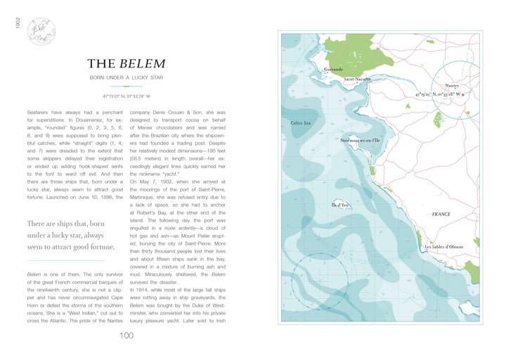On the right, an illustrated map of France’s west coast highlights cities like La Rochelle and Nantes; on the left, “Atlas of Shipwrecks and Fortunes of the Sea” by Schiffer Publishing, Ltd. features Belem’s history, a quote, and a ship profile map.