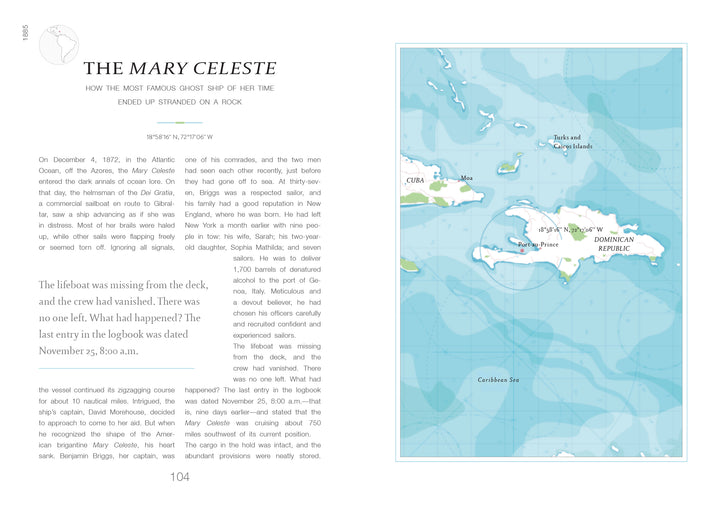 A page from Schiffer Publishing, Ltd.’s "Atlas of Shipwrecks and Fortunes of the Sea" shows text about the Mary Celeste alongside a color map of the Caribbean Sea highlighting Cuba, Haiti, the Dominican Republic, and the shipwreck site.
