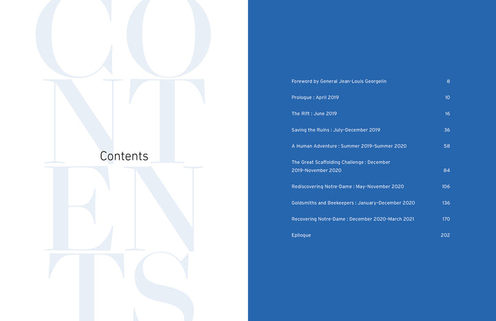 The table of contents for "Restoring Notre-Dame de Paris" by Schiffer Publishing, Ltd. lists sections like foreword, prologue, and chapters on the 2019 fire and 2019–2021 restoration, with large, faint "Contents" on a blue background.