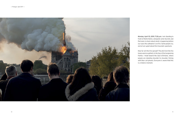 The book "Restoring Notre-Dame de Paris" by Schiffer Publishing, Ltd. explores the aftermath of the Notre-Dame fire, featuring dramatic images of smoke and flames rising above the cathedral as crowds watch from below.