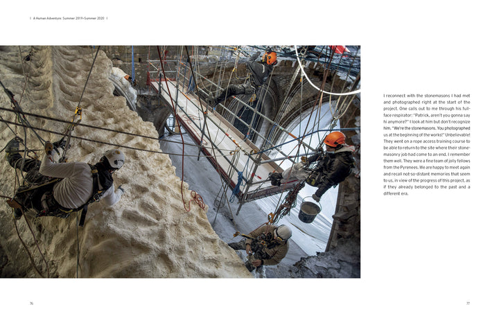 In Schiffer Publishing, Ltd.’s "Restoring Notre-Dame de Paris," three workers in helmets and harnesses scale a rugged stone wall amid restoration, surrounded by scaffolding and tools—a scene evocative of Patrick Zachmann’s photography.