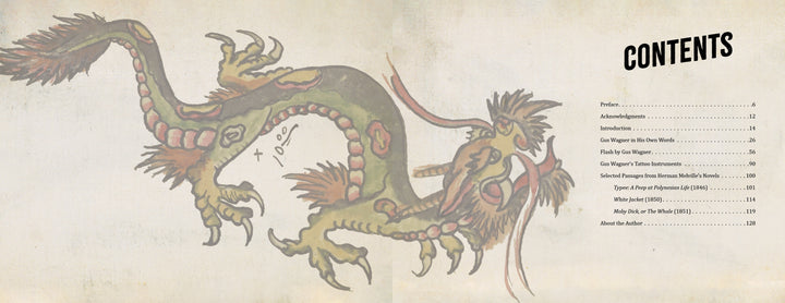 A hand-drawn, colorful dragon spans a textured beige background. On the right, "Contents" features chapter titles and page numbers in sleek black font—reflecting skilled artistry inspired by Gus Wagner from Schiffer Publishing, Ltd.