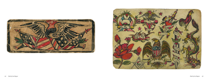 Schiffer Publishing, Ltd.'s Gus Wagner flash cards showcase classic American tattoo art: the left card features an eagle above a shield, while the right displays eagles, flags, roses, and banners, all inspired by tattoo legend Gus Wagner.