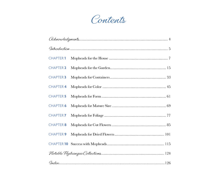 The table of contents in Marvelous Mopheads by Schiffer Publishing, Ltd. lists chapters on house, garden, container mopheads, color, form, size, foliage, cut/dried flowers, and success—each with page numbers and elegant blue headings to guide gardeners.