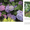 Marvelous Mopheads by Schiffer Publishing, Ltd. showcases dense purple, pink, and blue hydrangeas bordered by spiky yellow-green foliage, plus an image of blue and white hydrangeas set against a lush green lawn for home gardeners.
