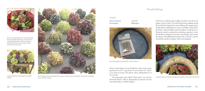 A book spread from "Marvelous Mopheads" by Schiffer Publishing, Ltd. displays colorful mophead hydrangeas on trays, wreath-making supplies, and step-by-step photos and instructions to inspire home gardeners creating hydrangea wreaths.