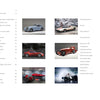 A contents page lists sections and page numbers, featuring images of classic and modern Alfa Romeo cars, Italian automobiles, a concept car, racing cars, and a snow vehicle on the right half of the page. Published by Schiffer Publishing, Ltd.