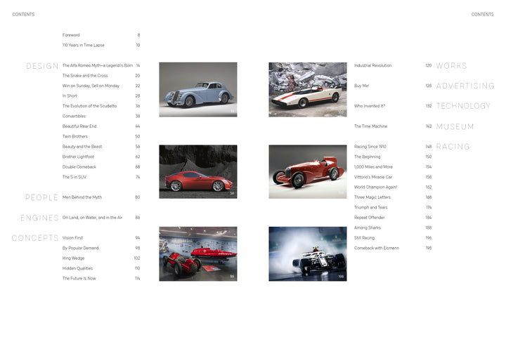 A contents page lists sections and page numbers, featuring images of classic and modern Alfa Romeo cars, Italian automobiles, a concept car, racing cars, and a snow vehicle on the right half of the page. Published by Schiffer Publishing, Ltd.