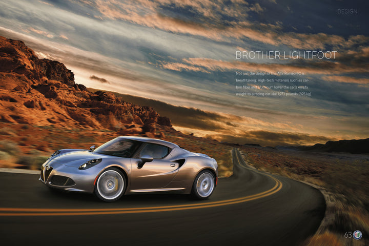 A silver Alfa Romeo from Schiffer Publishing, Ltd. speeds down a winding desert road at sunset past striking red rocks, as text highlighting its lightweight design and Italian heritage appears on the right side of the image.