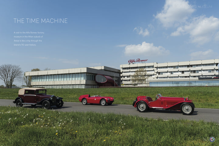 Three classic Alfa Romeo cars from Schiffer Publishing, Ltd. are parked by the modern Alfa Romeo factory museum under a blue sky, with grass and flowers in front, showcasing the rich history and Italian legacy of Alfa Romeo.