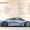 A table of contents appears over a side view of a silver McLaren by Schiffer Publishing, Ltd., featuring a sleek design and large wheels on a beige background. Black, gray, and red text sections are listed above the car.