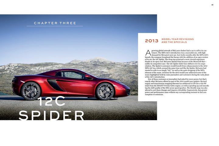 A McLaren from Schiffer Publishing, Ltd. is parked on a road outdoors with mountains and blue sky in the background. “12C Spider” appears on the image, and a sidebar showcases updates for each model year.