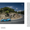 A blue McLaren from Schiffer Publishing, Ltd. races along a winding mountain road bordered by trees and rocks under a clear sky, its speed emphasized by motion blur. Text columns are visible on the image’s right side.