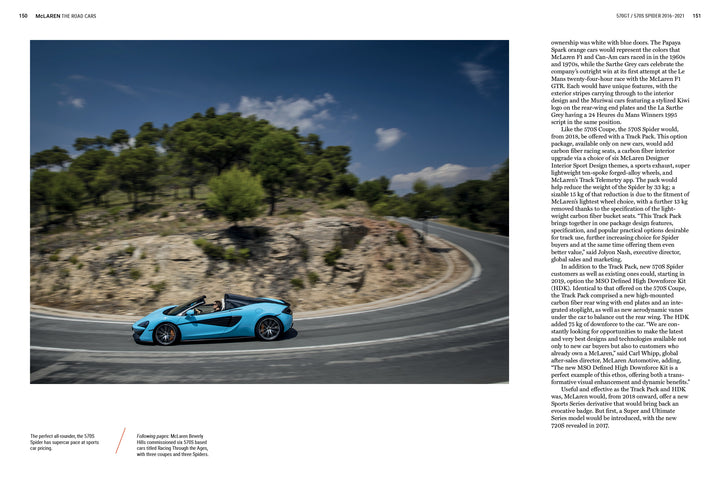 A blue McLaren from Schiffer Publishing, Ltd. races along a winding mountain road bordered by trees and rocks under a clear sky, its speed emphasized by motion blur. Text columns are visible on the image’s right side.