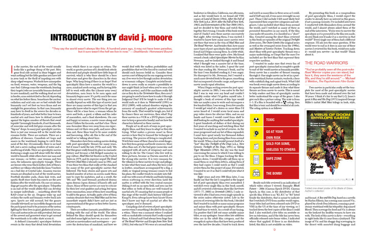 A two-page magazine spread showcases dense text columns, an intro by David J. Moore, a yellow sidebar with icons and bullets, plus the illustrated cover of World Gone Wild, Restocked and Reloaded 2nd Edition by Schiffer Publishing, Ltd.—a must-read for post-apocalyptic film fans.