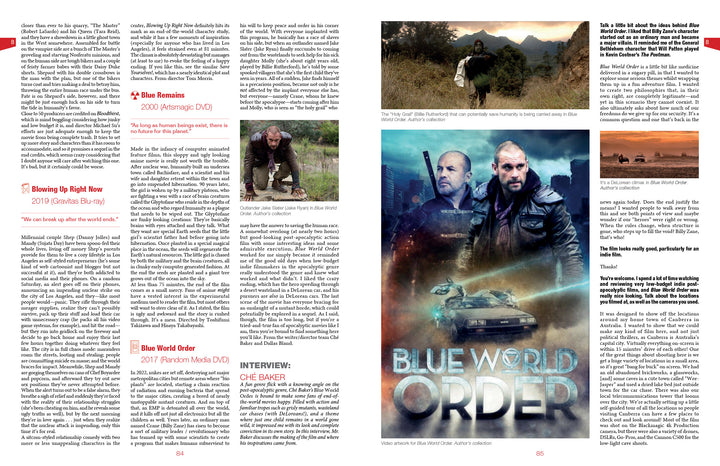 A two-page magazine spread showcases "World Gone Wild, Restocked and Reloaded 2nd Edition" by Schiffer Publishing, Ltd., with film reviews, an apocalypse movie guide, action images, and text filling most of the pages.