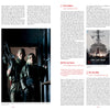 A magazine spread highlights articles and film reviews on post-apocalyptic TV, with a large photo of two armed people in tactical gear and movie guides, including "World Gone Wild, Restocked and Reloaded 2nd Edition" by Schiffer Publishing, Ltd.