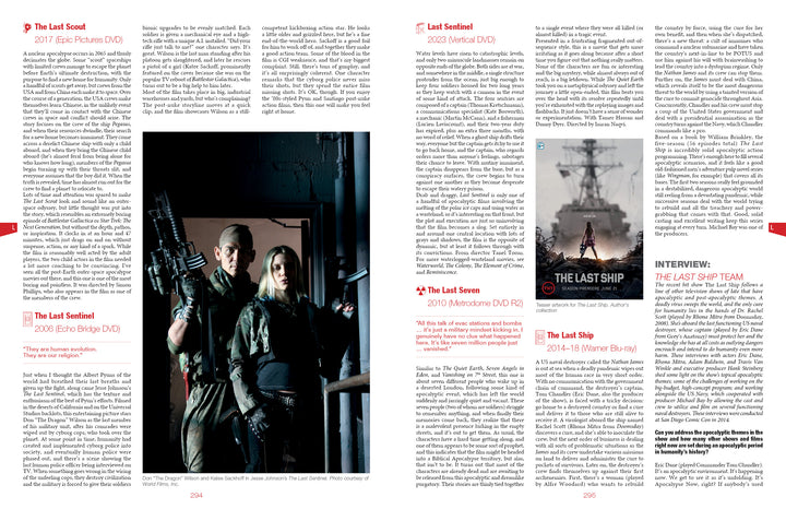 A magazine spread highlights articles and film reviews on post-apocalyptic TV, with a large photo of two armed people in tactical gear and movie guides, including "World Gone Wild, Restocked and Reloaded 2nd Edition" by Schiffer Publishing, Ltd.