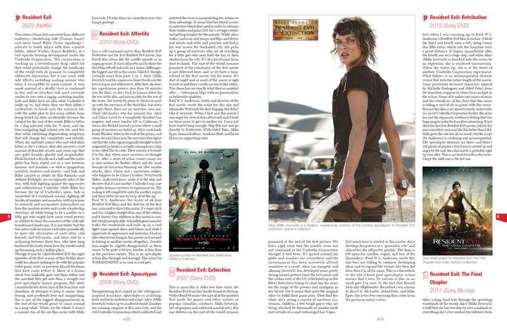 A magazine spread reviews post-apocalyptic films in "World Gone Wild, Restocked and Reloaded 2nd Edition" by Schiffer Publishing, Ltd., with text columns, movie posters, and an action shot of a woman holding a weapon outdoors on the right page.