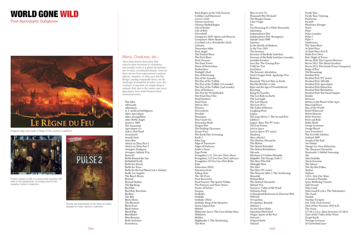 A book spread from Schiffer Publishing, Ltd.'s World Gone Wild, Restocked and Reloaded 2nd Edition showcases post-apocalyptic films with aliens, featuring images from Le Règne du Feu, Pulse 2, and The Darkest Hour.