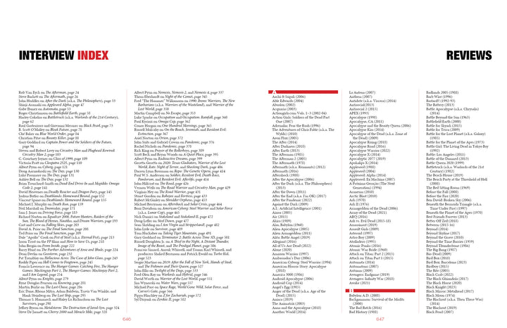 A two-page spread from World Gone Wild, Restocked and Reloaded 2nd Edition by Schiffer Publishing, Ltd. displays an alphabetical Interview Index in black and red on white, listing names and page numbers in three columns with REVIEWS as a section heading.