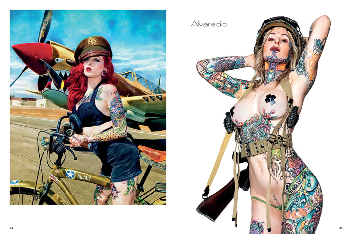 In Schiffer Publishing, Ltd.'s "Alvarado's Military Pin-Ups," two tattooed women channel vintage pin-up style; the redhead in a military hat stands by a classic plane while the blonde in aviator gear flaunts tattoos on arms and torso.