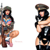 On the left, a woman poses in a patriotic bodysuit and helmet with a rifle; on the right, she sports black latex and a military hat, capturing classic pin-up style from Alvarado's Military Pin-Ups by Schiffer Publishing, Ltd.