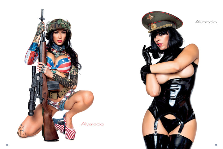 On the left, a woman poses in a patriotic bodysuit and helmet with a rifle; on the right, she sports black latex and a military hat, capturing classic pin-up style from Alvarado's Military Pin-Ups by Schiffer Publishing, Ltd.