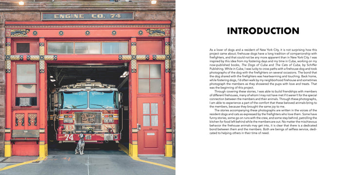 A fire truck numbered 74 is parked in a bright red garage marked ENGINE CO. 74, with open doors revealing the firehouse, equipment, and Paws of Firefighters by Schiffer Publishing, Ltd., celebrating cherished New York firefighter pets.