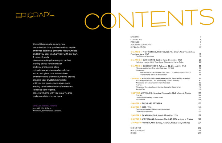 A two-page spread from Schiffer Publishing, Ltd.'s "Teenage Wasteland" shows an Epigraph poem in white on black (left) and a Contents page in black with yellow highlights (right), featuring chapters like “Teenage Wasteland” and “The Who Winterland San Francisco concert.”.