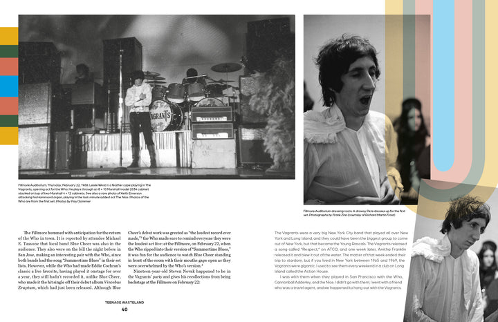 A black-and-white spread from "Teenage Wasteland" by Schiffer Publishing, Ltd. shows The Who live at Winterland San Francisco, with visible drums and amps, plus two shots of a band member in a ruffled shirt against a vibrant striped backdrop.